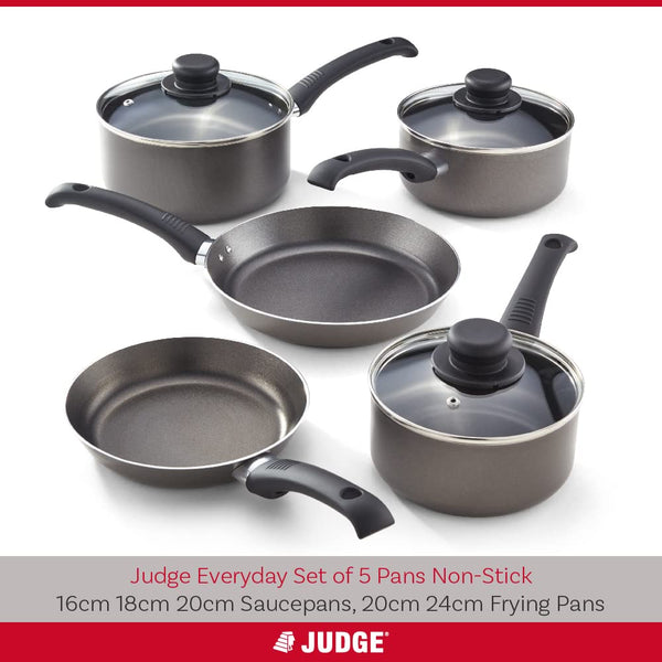 Judge Everyday Set of Pans Non-Stick, 5-Piece Set 16cm 18cm 20cm Saucepans, 20cm 24cm Frying Pans - 5 Year Guarantee