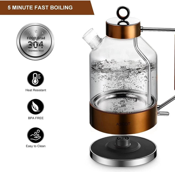Electric Kettle, ASCOT Glass Electric Tea Kettle 1.5L 2200W Tea Heater & Hot Water Boiler, Borosilicate Glass, Auto Shut-Off and Boil-Dry Protection