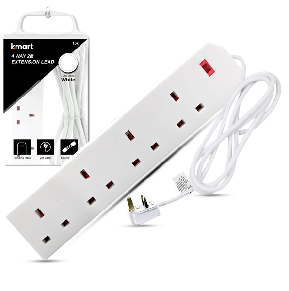 K-MART Heavy Duty Extension Lead UK Pin Plug and Cable, 4 Gang Way 2m Power Adapter, Multi Socket Mains Strip (White, 1 Pack)