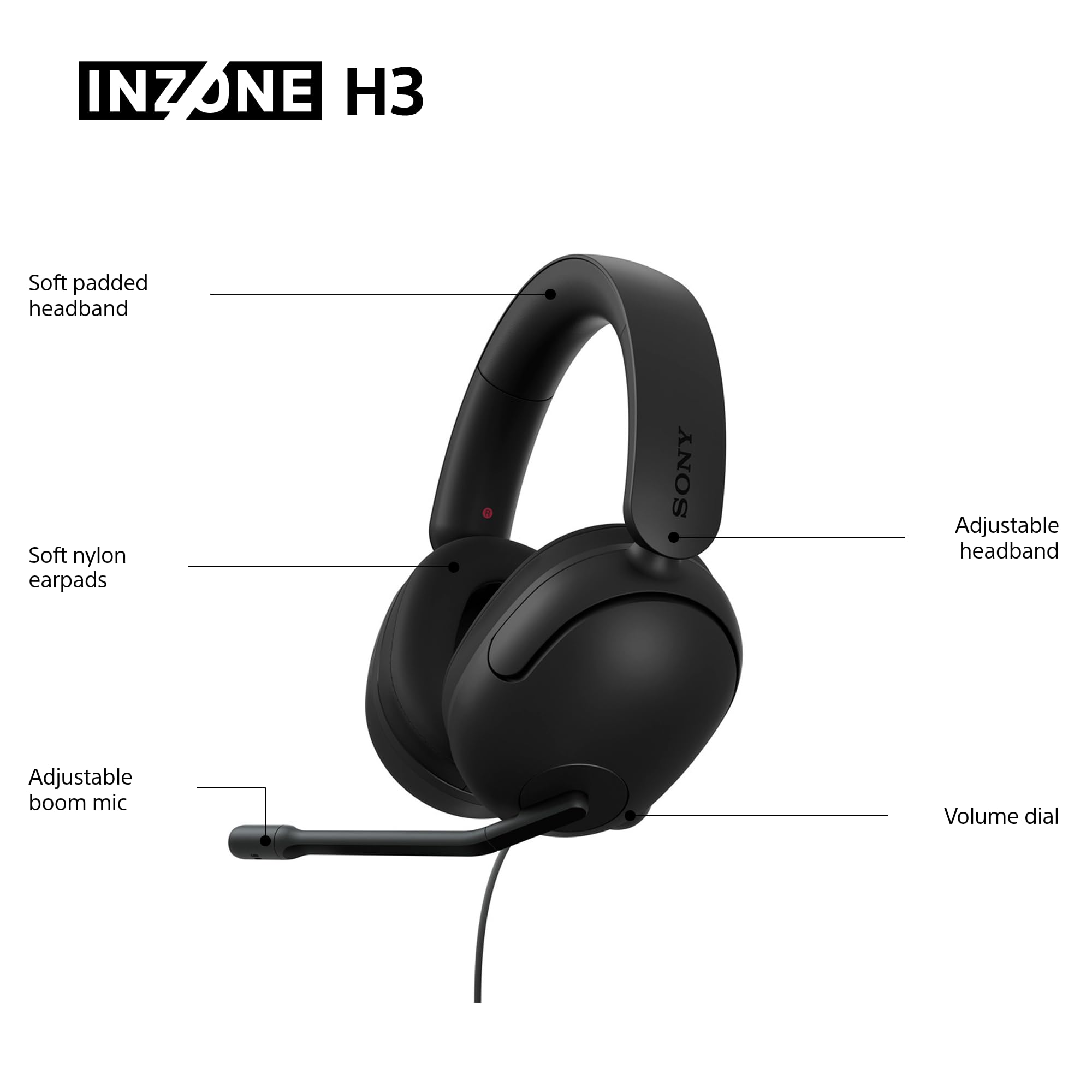 Sony INZONE H3 Wired Gaming Headset – PC/PS5, 360 Spatial Sound for Gaming, Lightweight 299g Design, Flip-to-Mute Boom Microphone, USB Audio Box for Custom EQ – Black