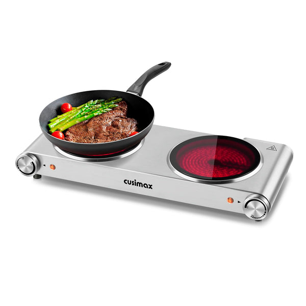 Double Hot Plate, CUSIMAX 2400W Electric Hob Ceramic Hot Plate, Portable Double Camping Hob Infrared Cooktop with Dual Temperature Control, Easy to