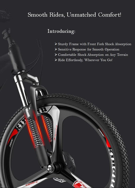 Eurobike EMTB 26 Inch Wheel Electric Mountain Bike with 27 Speeds, Dual Disc Brakes, Lightweight Aluminium Frame, and Front Suspension E-Bike E9, Black