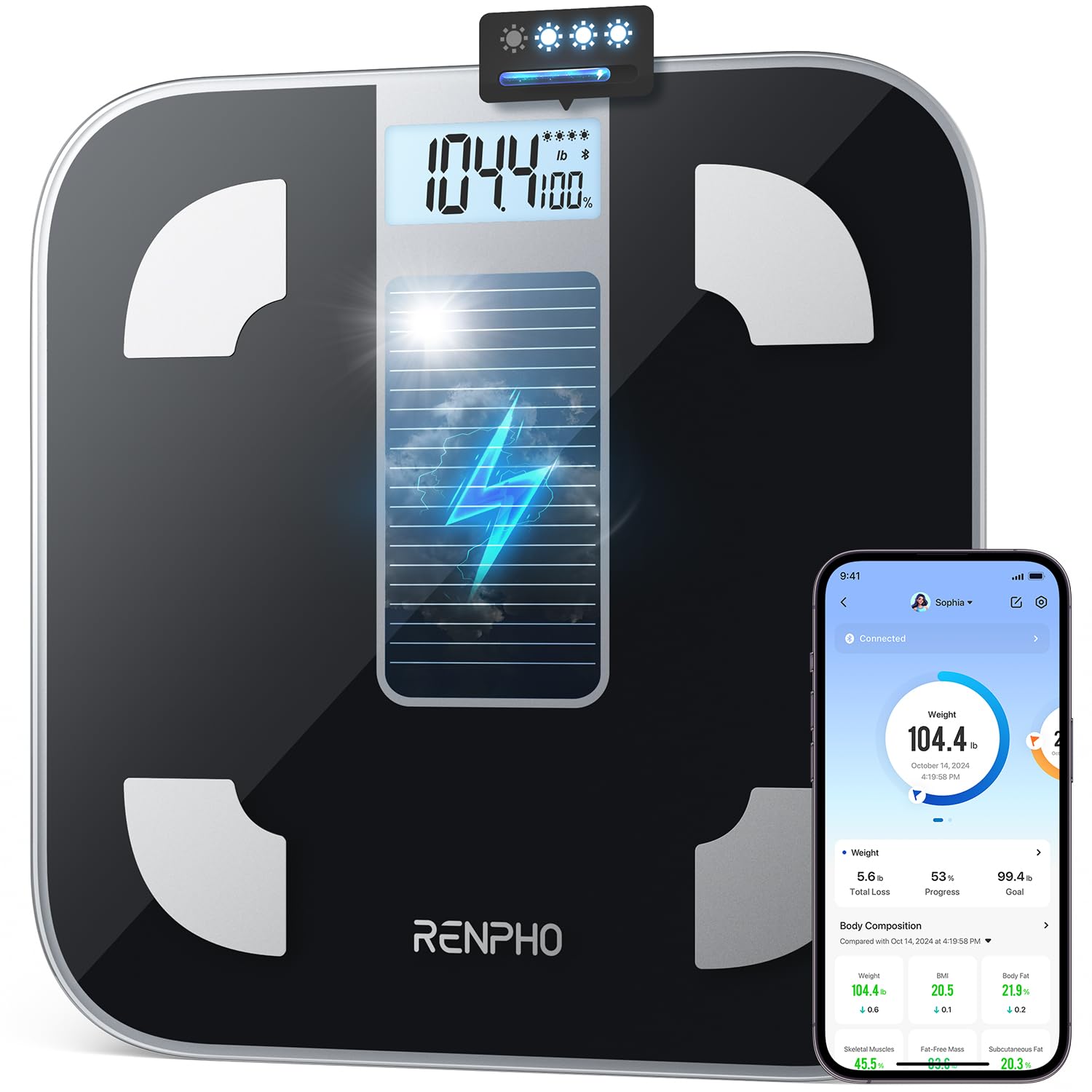 RENPHO Scales for Body Weight, Digital Bathroom Scales with High Precision Sensors, Bluetooth Weighing Scales Body Composition Monitors with App, Elis 1