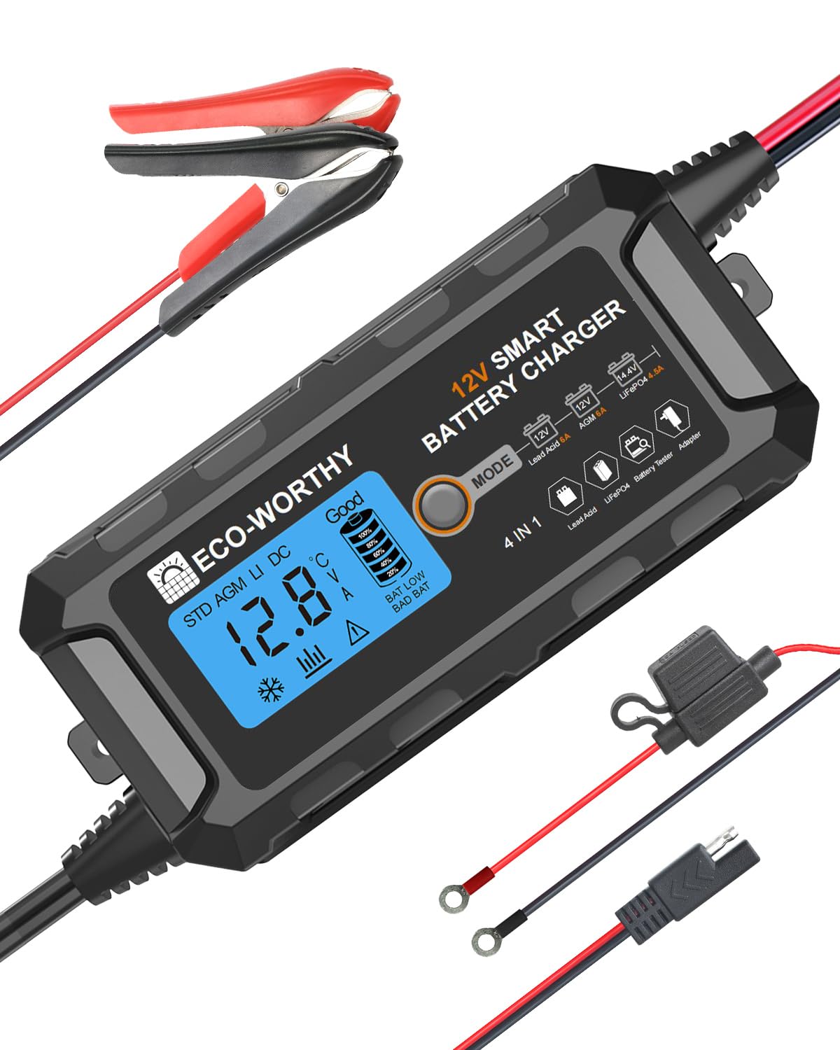 ECO-WORTHY 12V 10A LiFePO4 Battery Charger Automatic Smart and Maintainer (UK Plug) with LCD Display for Scooter Lead Acid and Lithium (LiFePO4) Battery
