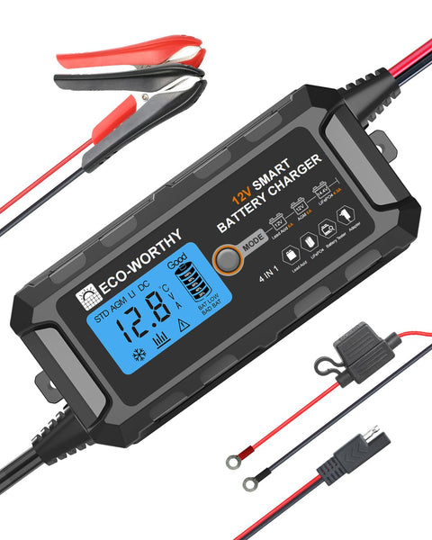 ECO-WORTHY 12V 10A LiFePO4 Battery Charger Automatic Smart and Maintainer (UK Plug) with LCD Display for Scooter Lead Acid and Lithium (LiFePO4) Battery