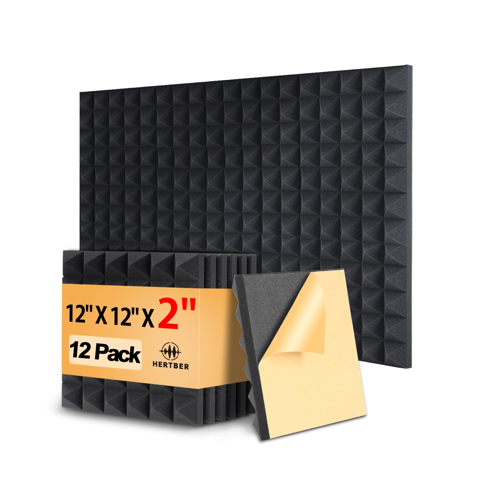 HERTBER-24 Pack Sound Proofing Panels 12x12x2 Inches Acoustic Wall Panels Self Adhesive Soundproofing Panels with Strong Glue, High Density Acoustic Panels for Sound Absorption and Echo Control