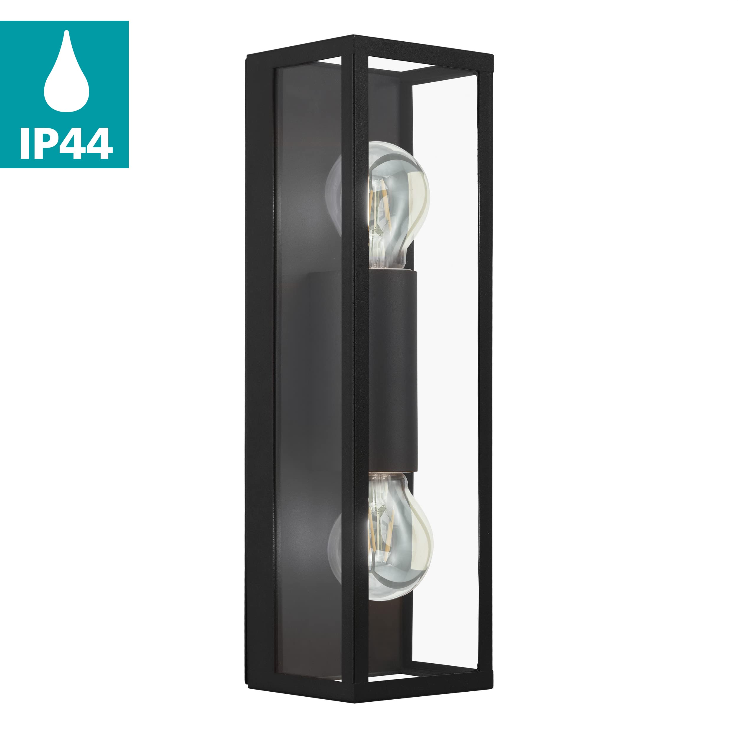 Eglo Amezola 2-Flame Vintage Wall Light, Black Steel and Clear Glass Industrial Wall Lamp, Living Room, Hallway and Bathroom Lighting, E27 Socket,