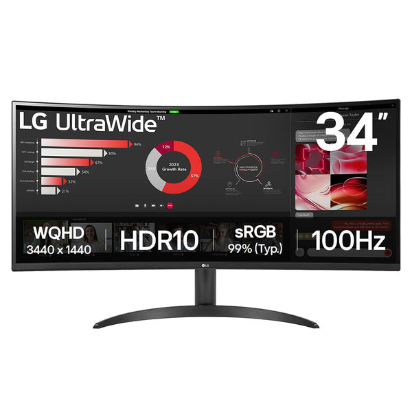 LG Electronics Curved UltraWide Monitor 34WR55QK, 34 inch, 1440p, 100Hz, 5ms Response Time, VA Panel, Smart Energy Saving, USB-C (65W Power Delivery), Displayport, HDMI