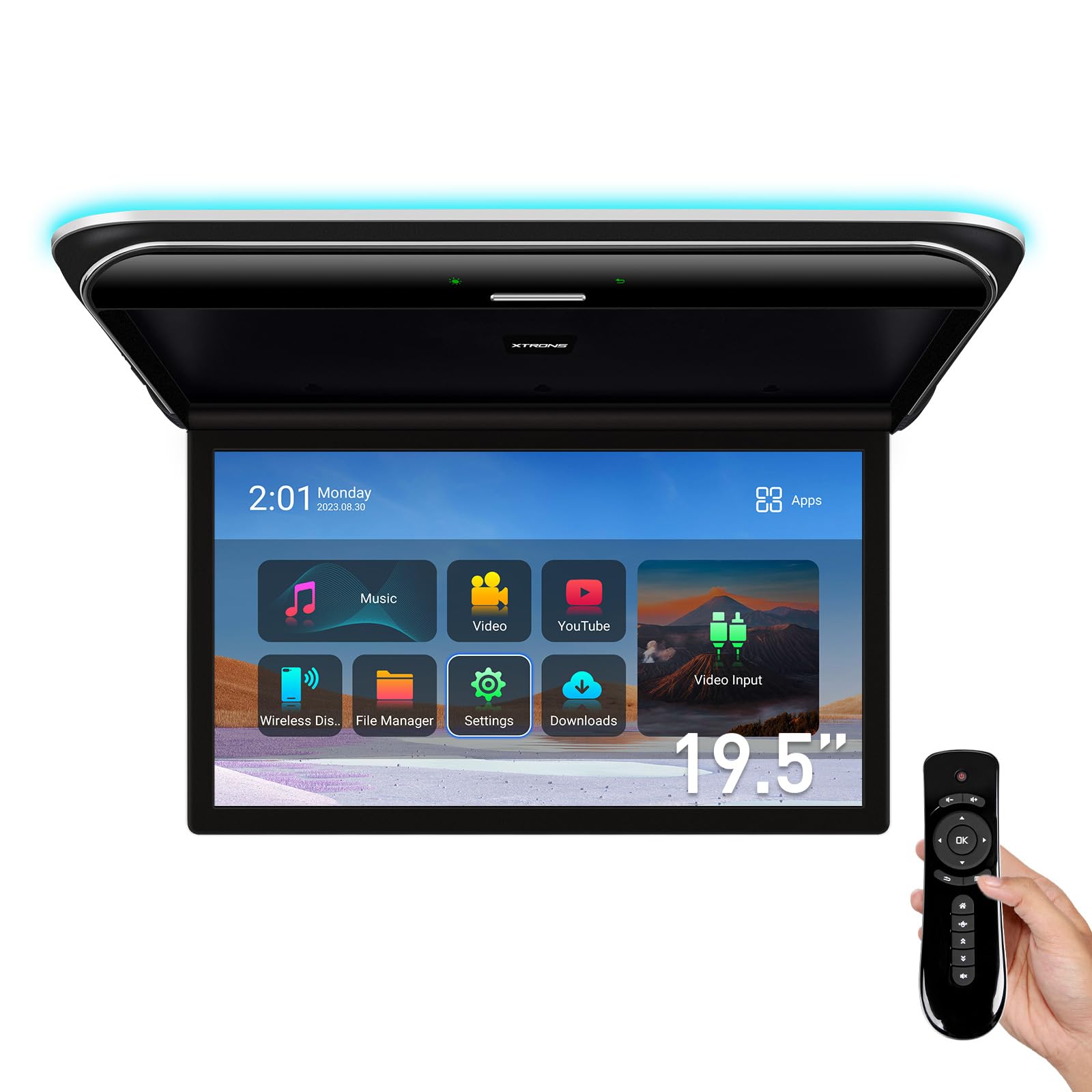 XTRONS Android Car Overhead Player 19.5 Inch Octa Core Car Roof Mount Monitor Wide IPS Screen 8K Video Built-in Stereo Speakers Flip Down Overhead Car Monitor Support 4G WiFi HDMI Input USB RCA Input