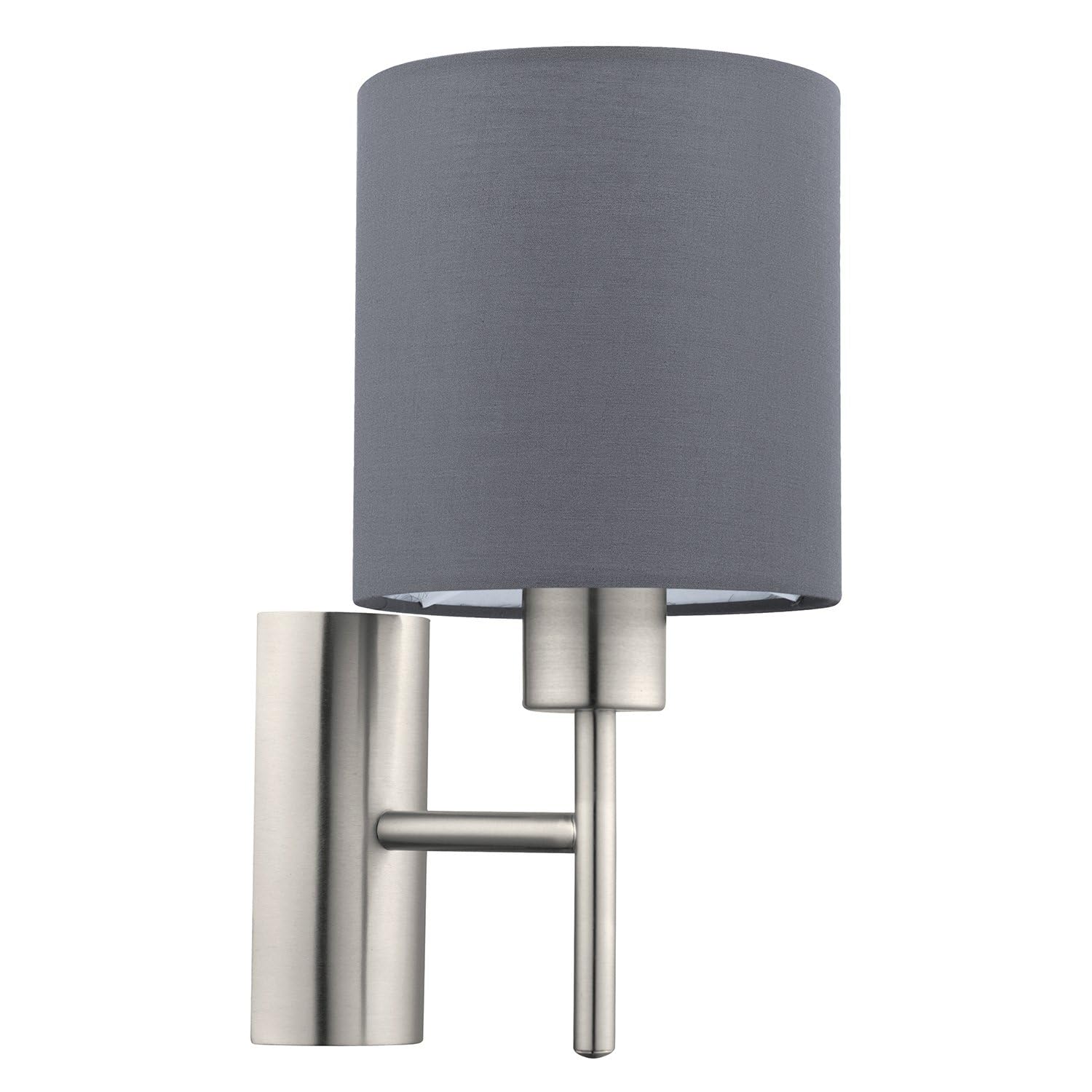 Eglo Pasteri Textile Wall Light, Matt Nickel Steel and Grey Fabric Wall Lamp, E27 Socket, Incl. Switch