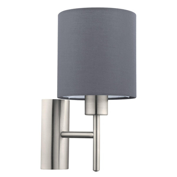 Eglo Pasteri Textile Wall Light, Matt Nickel Steel and Grey Fabric Wall Lamp, E27 Socket, Incl. Switch