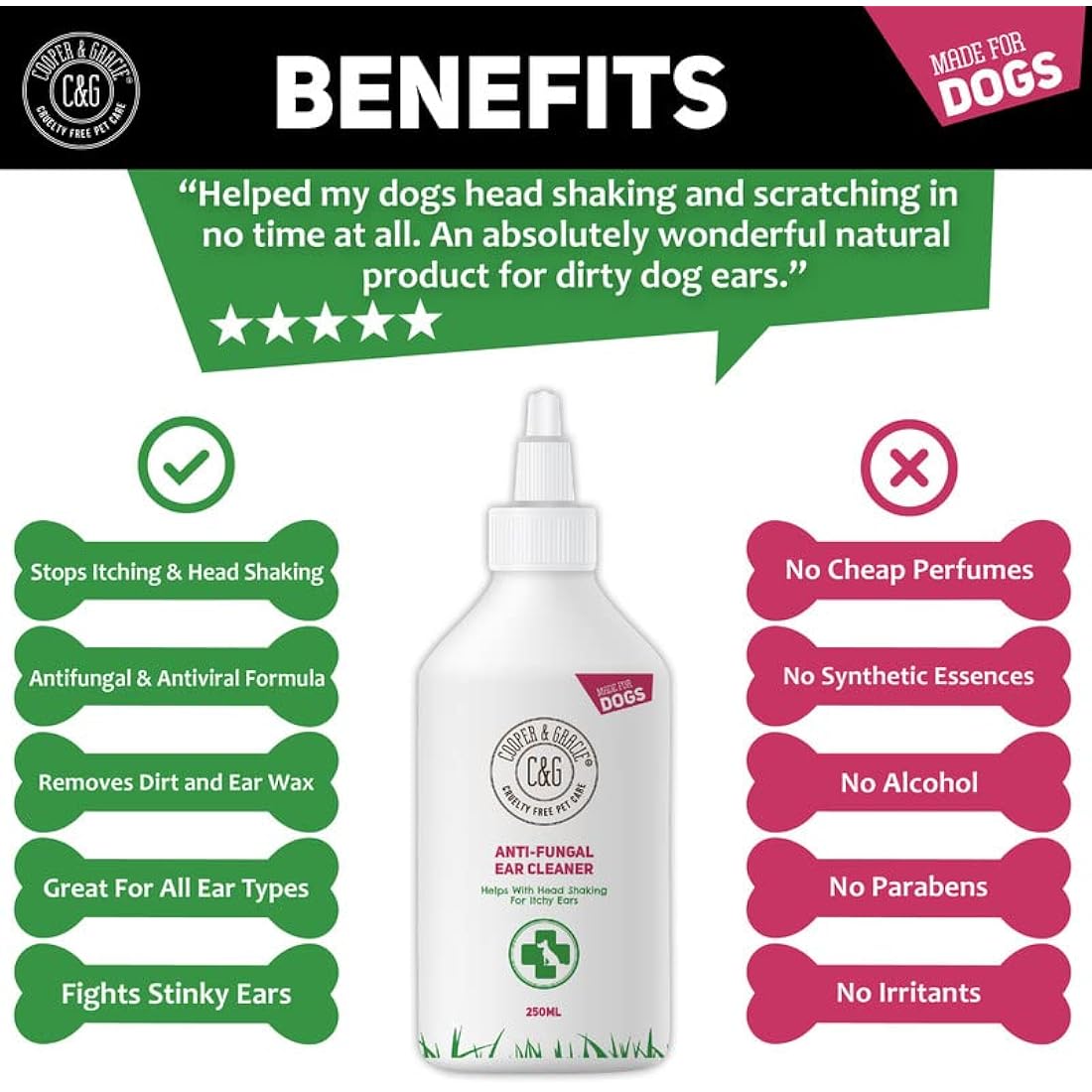 Dog Ear Cleaner Solution 250ML - Alternative to Dog Ear Drops for Infections, Itching & Odor by Cooper and Gracie | Relief from Yeast Infection, Mites, Anti-Viral Protection | Clean Healthy Ears