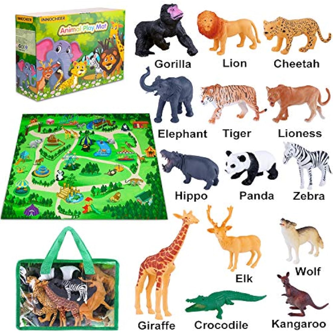 INNOCHEER Safari Animals Figures Toys, Realistic Wild Zoo Animals Figurines with Play Mat, Large Jungle Animals Playset with Elephant, Giraffe, Lion, Tiger, Gorilla Panda...for Kids Toddlers, Gift Set
