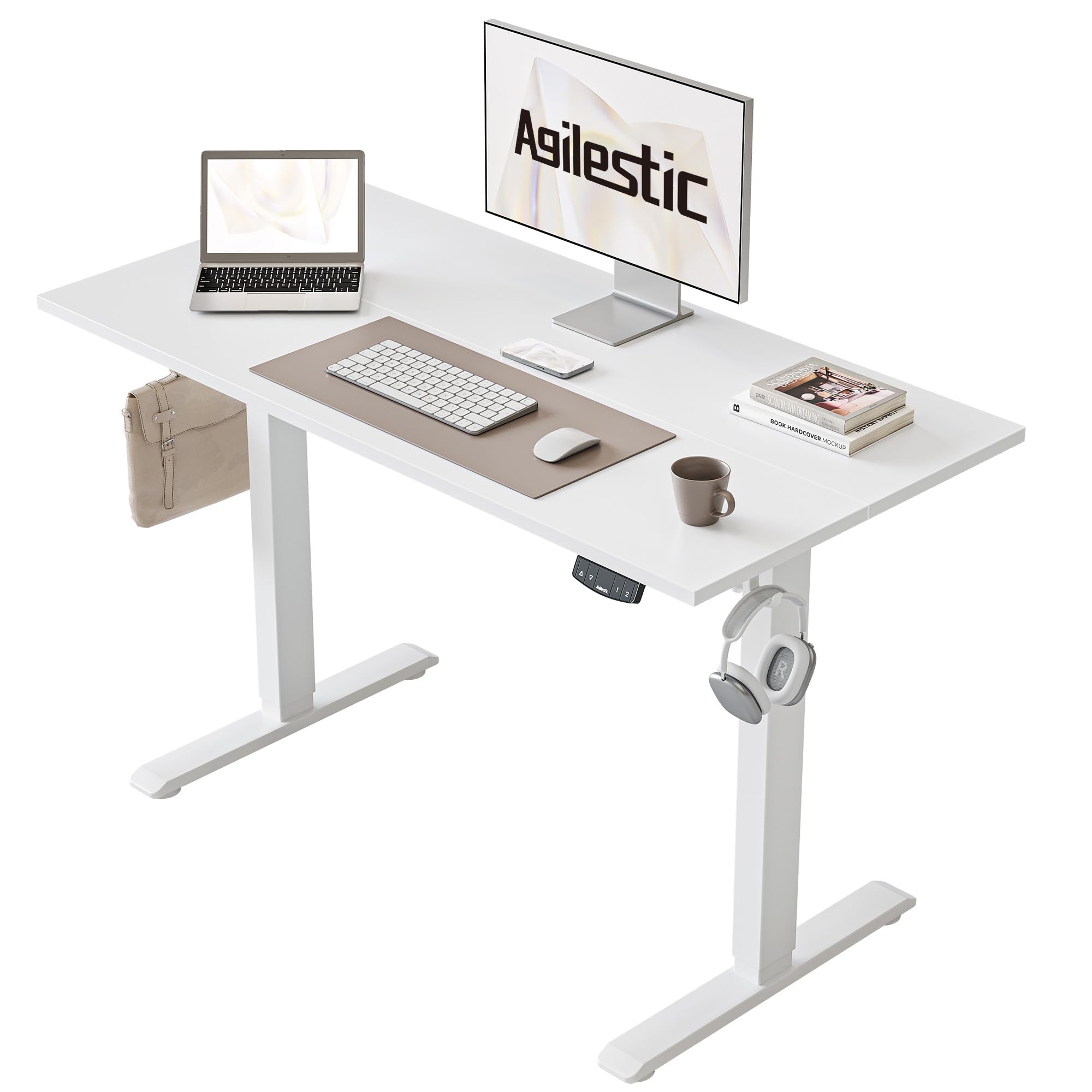 Agilestic L-Shaped Electric Standing Desk, 140cm Height Adjustable Sit-Stand Desk for Home Office, Ergonomic Computer Desk with Spliced Board, White