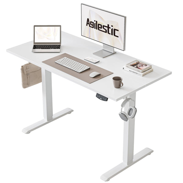 Agilestic L-Shaped Electric Standing Desk, 140cm Height Adjustable Sit-Stand Desk for Home Office, Ergonomic Computer Desk with Spliced Board, White
