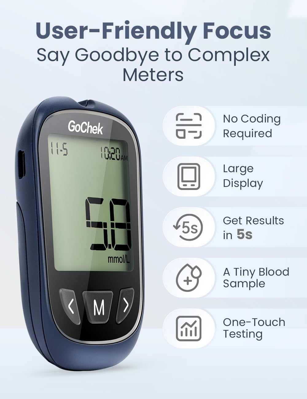 GoChek Diabetes Test Kit, Blood Sugar Tester with Ketone and Hypo Warning, 450 Memory, Blood Glucose Monitor with Test Strips*50 and Lancet*50 -in mmol/L