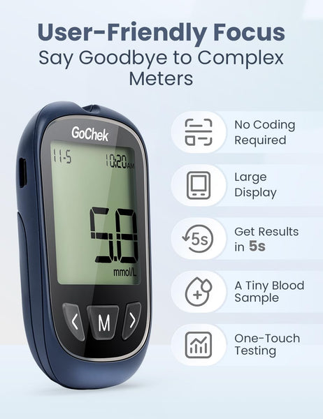 GoChek Diabetes Test Kit, Blood Sugar Tester with Ketone and Hypo Warning, 450 Memory, Blood Glucose Monitor with Test Strips*50 and Lancet*50 -in mmol/L