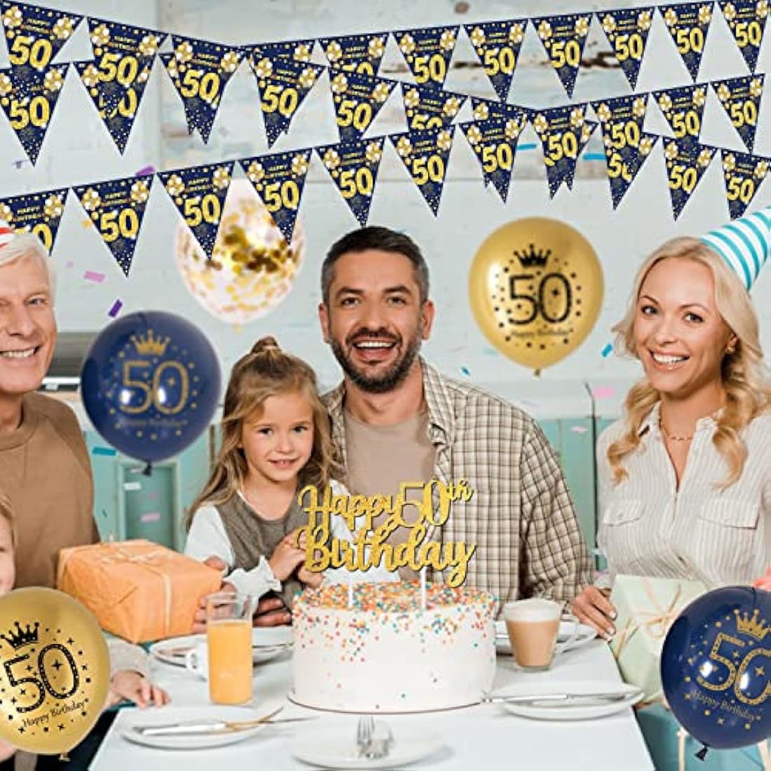 50th Birthday Decorations Men Blue Gold Happy 50th Birthday Banner, 50th Birthday Balloons, Navy Blue Gold Latex Balloons Party Decorations Confetti Balloons for Men 50 Birthday Party Supplies