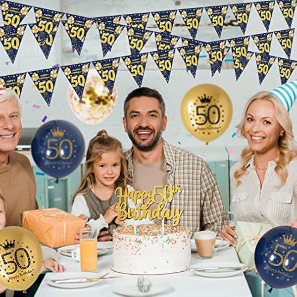 50th Birthday Decorations Men Blue Gold Happy 50th Birthday Banner, 50th Birthday Balloons, Navy Blue Gold Latex Balloons Party Decorations Confetti Balloons for Men 50 Birthday Party Supplies