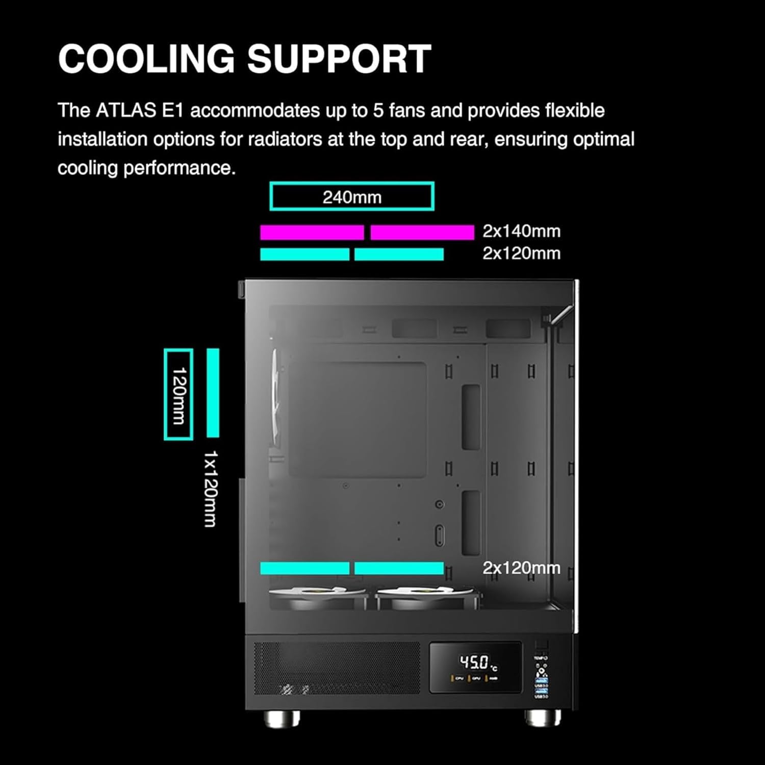 GAMDIAS ATLAS E1 Gaming ATX Mid Tower Computer PC Case, Customizable Digital Monitor w/ Software, 3 x 120mm ARGB Fans, Panoramic Tempered Glass Display, Perforated Airflow Vent PSU Chamber, Black