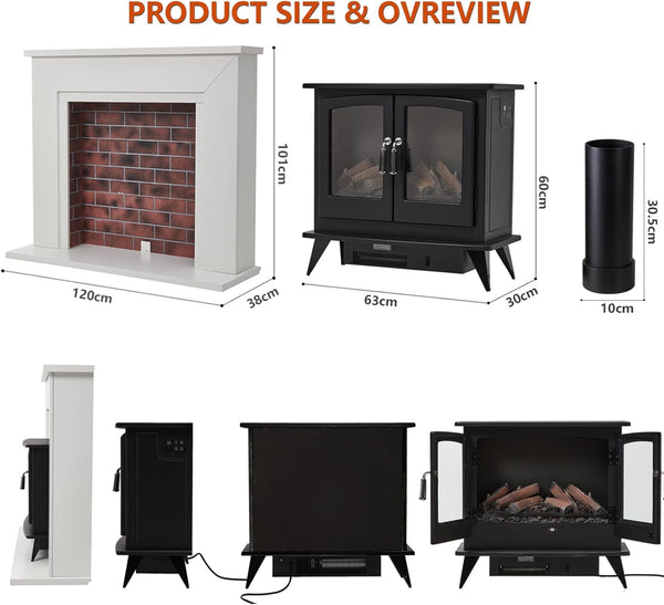 Wrmiehomy Electric Fire and Surround Frame & Chimney, Log Effect Electric Fireplace with 7 Day Programmable Remote Control 7 Flame Colours, 1&2kW Heat Output, Adjustable Temperature, Timer