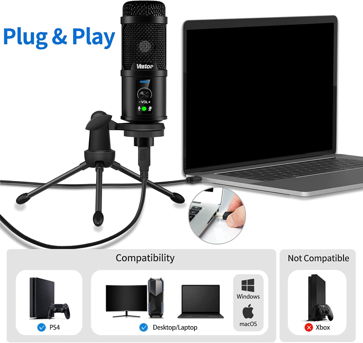 Veetop USB Microphone Metal Computer Condenser PC Mic for Gaming Podcasting Streaming Recording Voiceover YouTube Skype Twitch Zoom Cardioid with Tripod Compatible with Desktop Laptop Windows MacOS