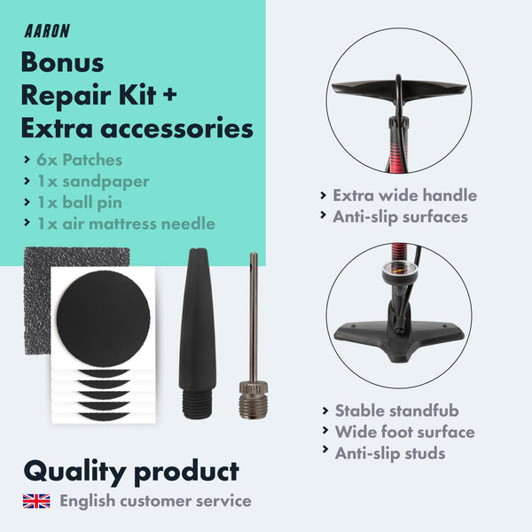 AARON - Sport One Bike Floor Pump with Pressure Gauge - Suitable for all Valves - High-Pressure Bike Pumps Incl. Ball Attachment - Pump for E-bike,