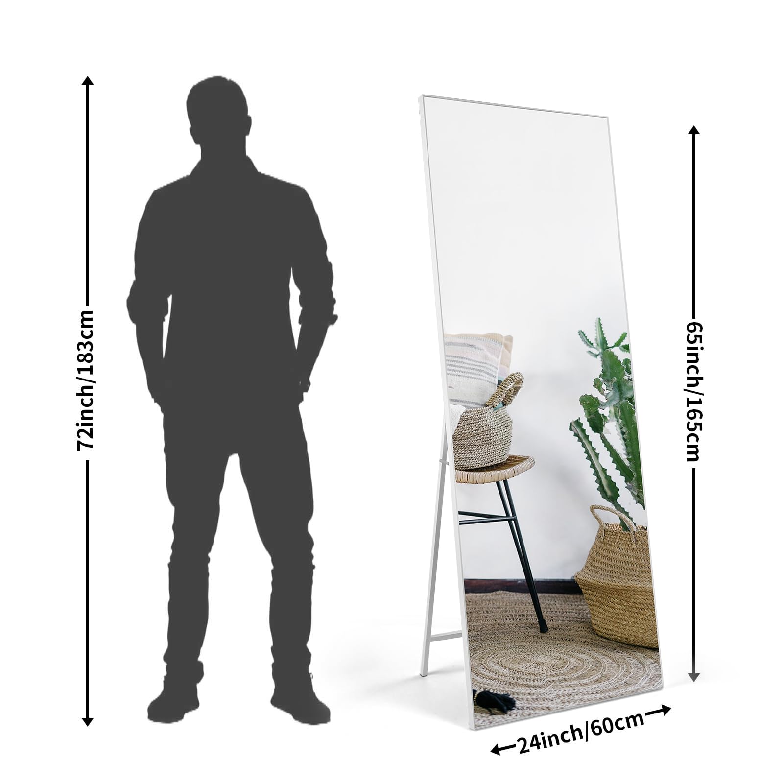 HORLIMER 65x24 inches Full Length Mirrors with White Frame, 165x60 cm Large Long Mirror for Wall Hanging or Floor Free Standing, for Bathroom Living
