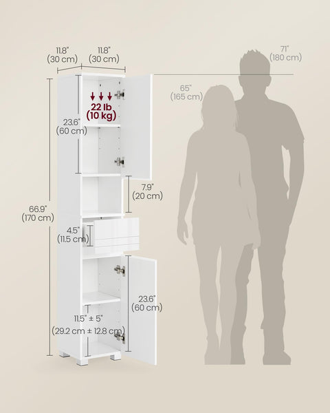 VASAGLE Tall Bathroom Cabinet, Slim Storage Cabinet, Narrow Cupboard, Bathroom Storage Unit, with a Drawer, Adjustable Shelves, 30 x 30 x 170 cm, White BBC560P31