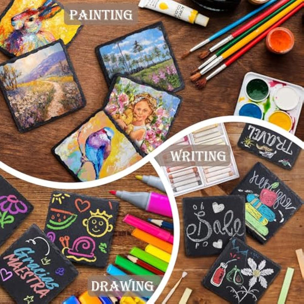 48 Pieces Slate Drink Coasters, GOH DODD 4 Inch Black Coasters Stone Coaster Set, Laser Engraving Blanks with Anti-Scratch Bottom for Home Office Kitchen Housewarming Gifts Wedding Party, Square