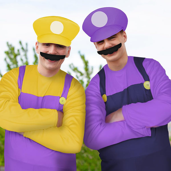 Aomig Mario Costumes, 4 Pack Mario Cosplay Costume Accessories Kits with Bodysuit, Luigi Hats Cap, Mustaches, White Gloves, Mario Luigi Bros Fancy Dress Outfit Costume for Women Men