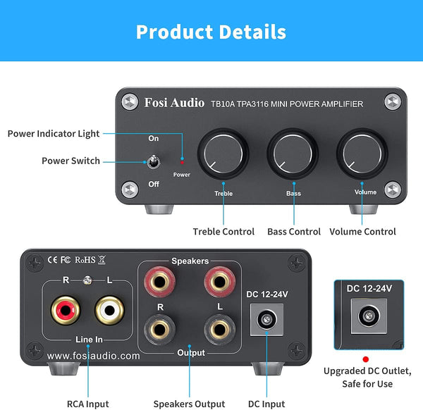 Fosi Audio TB10A 2 Channel Stereo Audio Amplifier Receiver, Mini Hi-Fi Class D Integrated TPA3116 Amp for Speakers 100W x 2, with Bass and Treble Control (with 24V UK Power Supply)