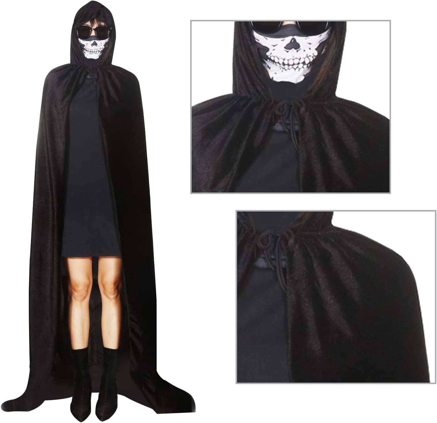 BILLMOSS Halloween Grim Reaper Costume - Hooded Cloak Velvet Black Cloak with Scythe Skull Mask Skeleton Gloves Grim Reaper Party Costumes for Kids