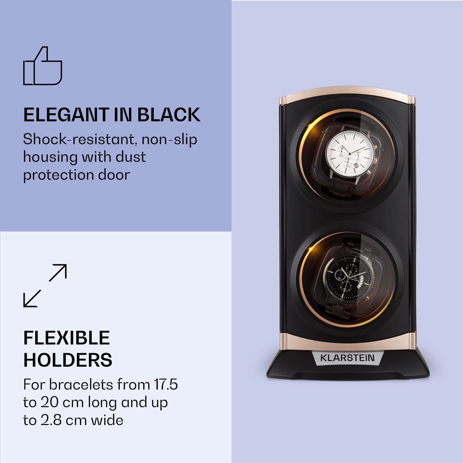 KLARSTEIN St. Gallen Premium - Automatic Watch Winder, Rotator, Holder, Case for 2 Watches, 4 Speeds, Right-Left Running