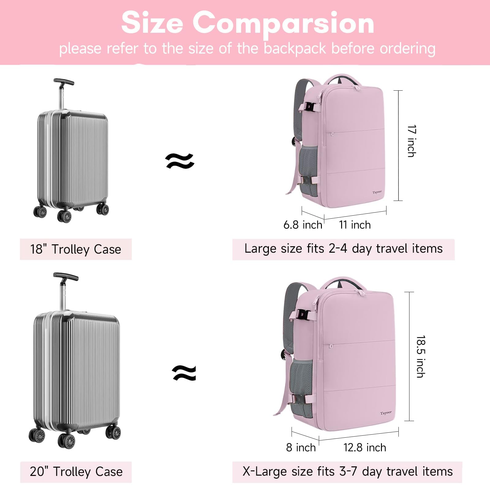 Taygeer Easyjet Cabin Bag 45x36x20 Underseat, Travel Backpack Women, Carry On Backpacks for Airplane, Luggage Rucksack for Plane, Hand Luggage Bag, Laptop Rucksack with Separate Shoe Pouch, Pink
