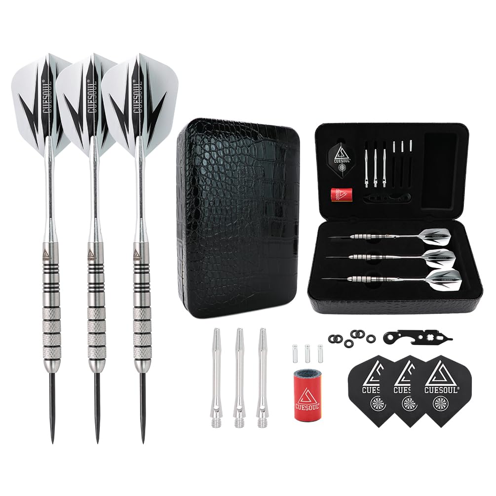 CUESOUL 90% Tungsten Steel Dart 22/24/26/28/30 Grams Darts Set Center Weighted Enhanced Control, Knurled Surface Supergrip, Aluminum Shafts Case