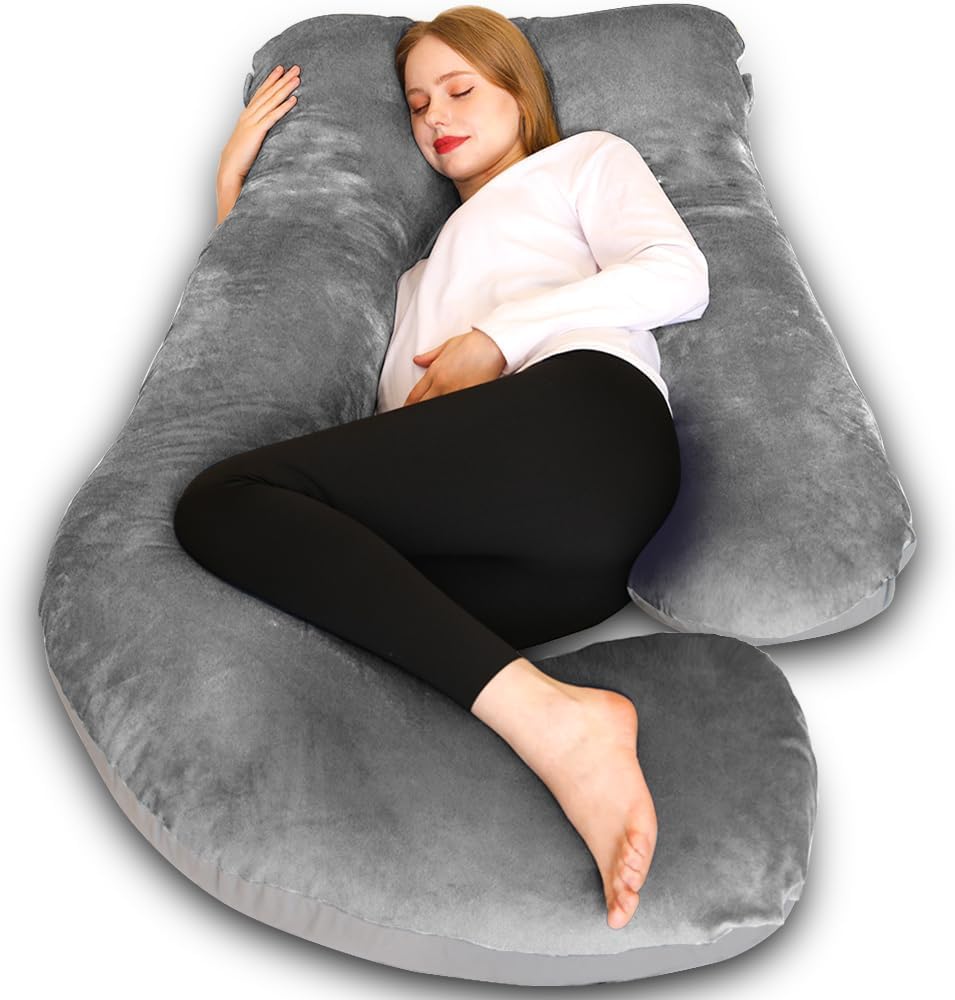Chilling Home Pregnancy Pillows for Sleeping,U Shaped Maternity Pillow Pillow,55 inch Full Body Pillow Long Pillows for Sleeping, Maternity&Body Pillows for adults with Cover Velvet,Light Black
