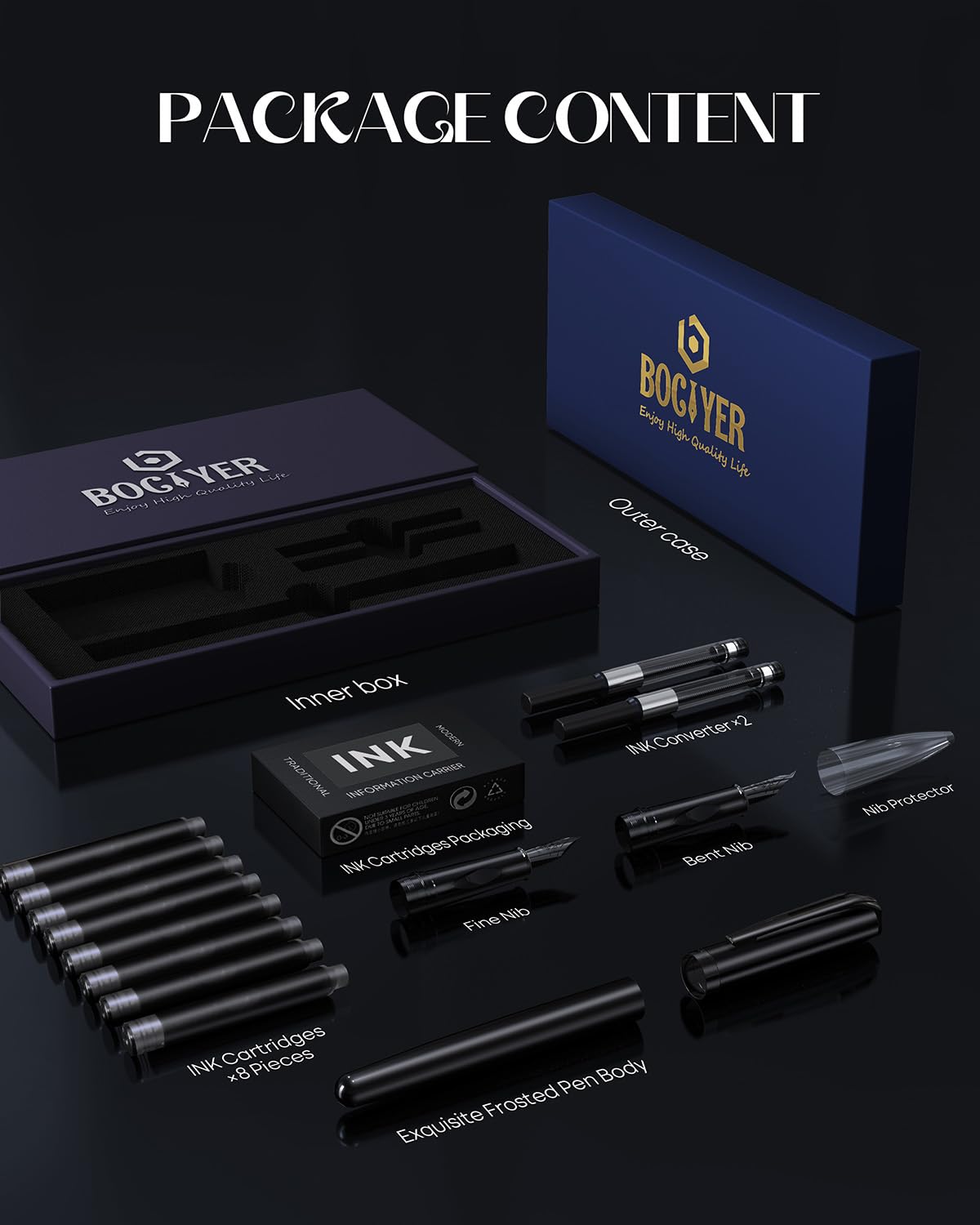 BOCIYER samurai Fountain Pen Set,Hand Polished Medium Titanium Tip,Calligraphy Nib(Bent Nib),Includes 8 Ink Cartridges,Ink Refill Converter*2 And Gift Box,Best Pen Gift Set for Men & Women(Black)