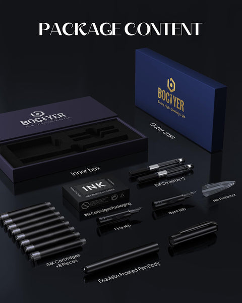 BOCIYER samurai Fountain Pen Set,Hand Polished Medium Titanium Tip,Calligraphy Nib(Bent Nib),Includes 8 Ink Cartridges,Ink Refill Converter*2 And Gift Box,Best Pen Gift Set for Men & Women(Black)