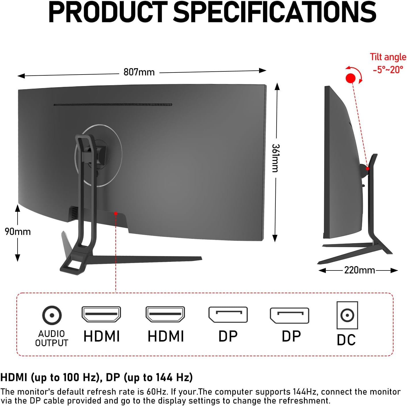 Gawfolk 34 Inch Ultrawide Curved 144Hz Gaming Computer Monitor 1500R PC Screen 21:9 UWQHD (3440x1440),Adaptive Sync,178° Viewing Angle,Display Port、HDMI 2.0, VESA75x75MM-Black