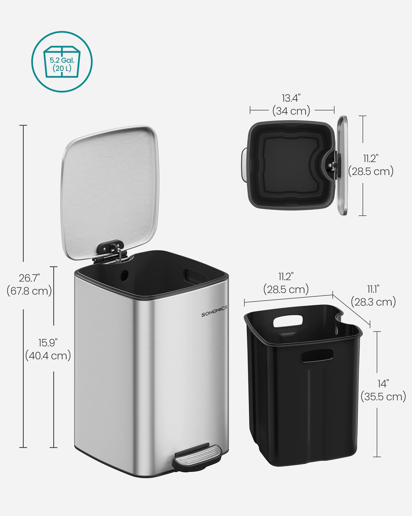 SONGMICS Kitchen Bin, 8-Gallon (30 L) Trash Bin, Steel Pedal Bin, with Inner Bucket, Soft Close and Stays Open, Ink Black LTB593B02