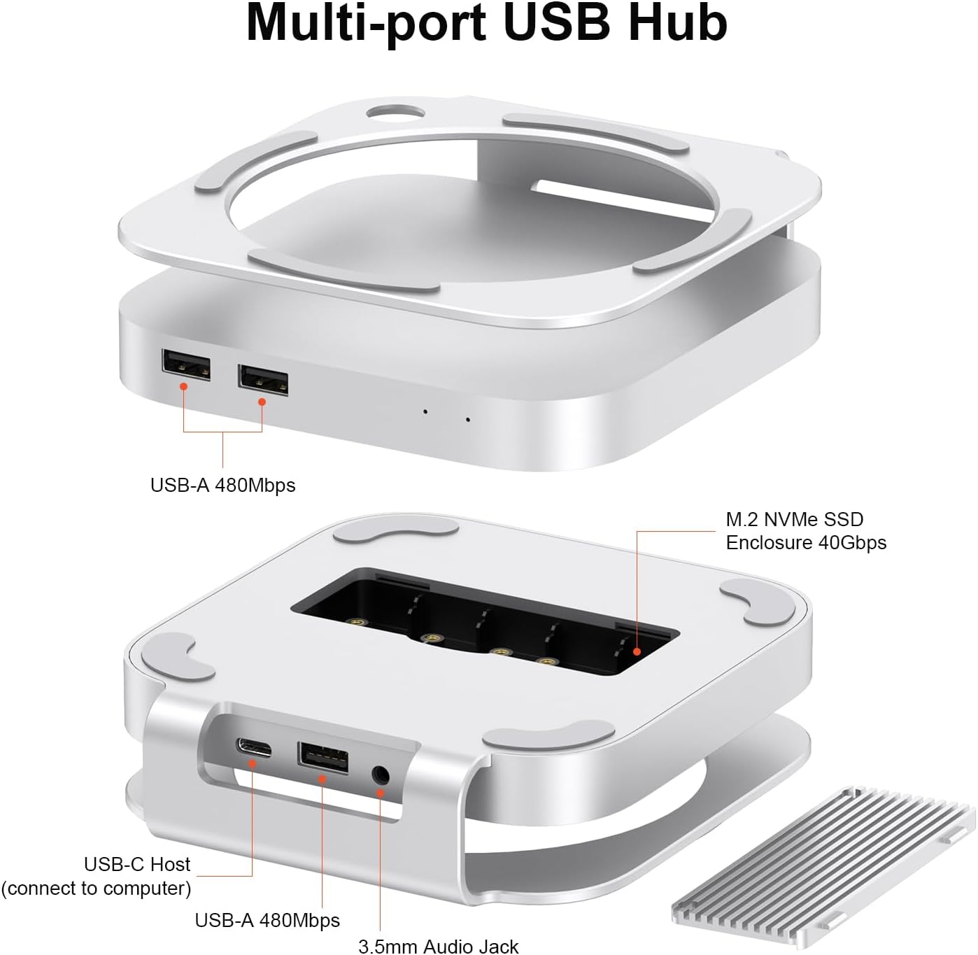 Qwiizlab 40Gbps Mac mini M4/M4 Pro Stand Hub with USB4 NVMe SSD Enclosure, USB-C Host, 3 USB-A 2.0, 3.5mm Audio, Supports M.2 PCIe up to 8TB, Compatible with Thunderbolt 4/5