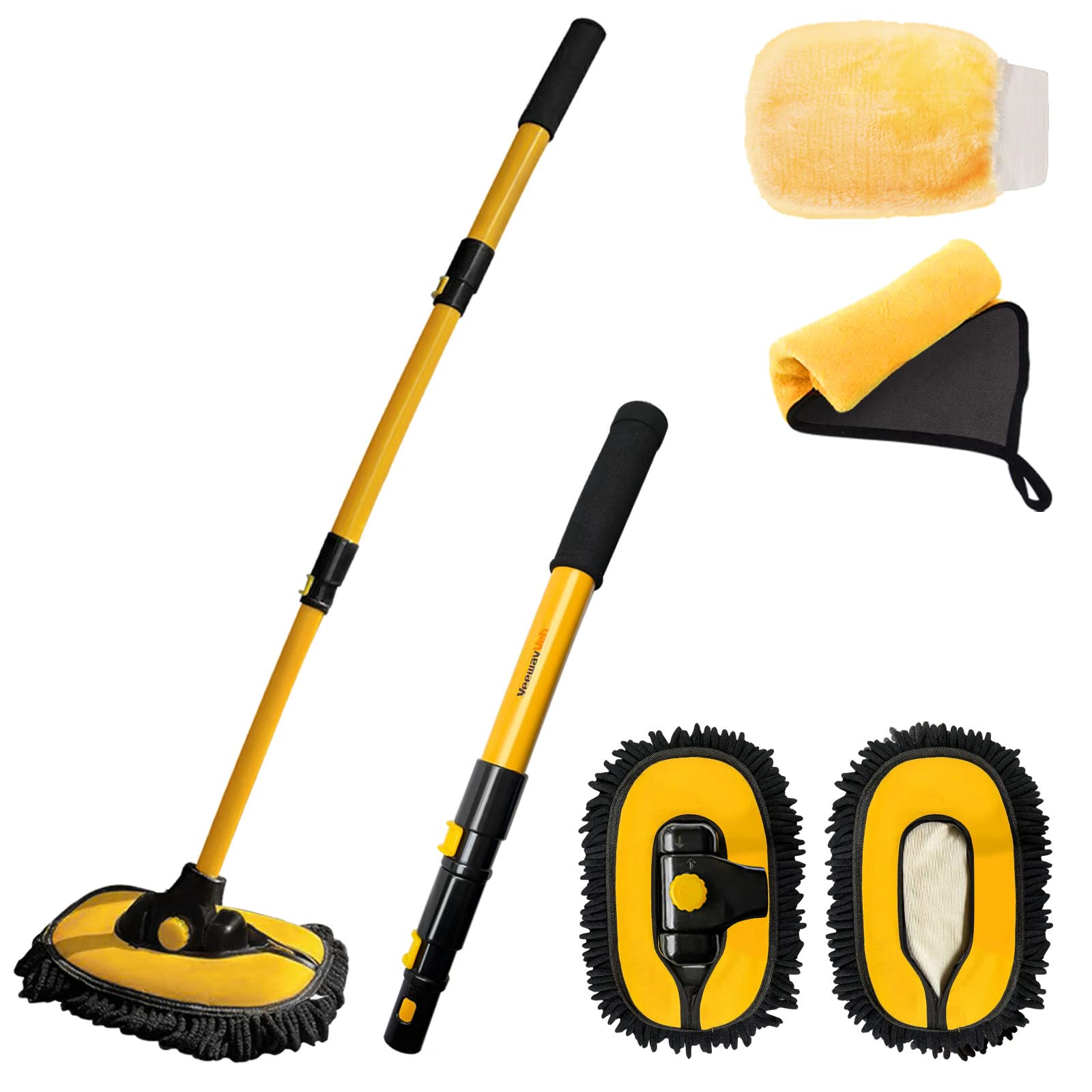 YeewayVeh Car Wash Brush, 43" Extendable Car Wash Brush Mop with Long Handle, 15 Degree Curved Soft Car Cleaning Brush kit with Extra Microfiber Brush Head for Truck SUV Cleaning, Orange