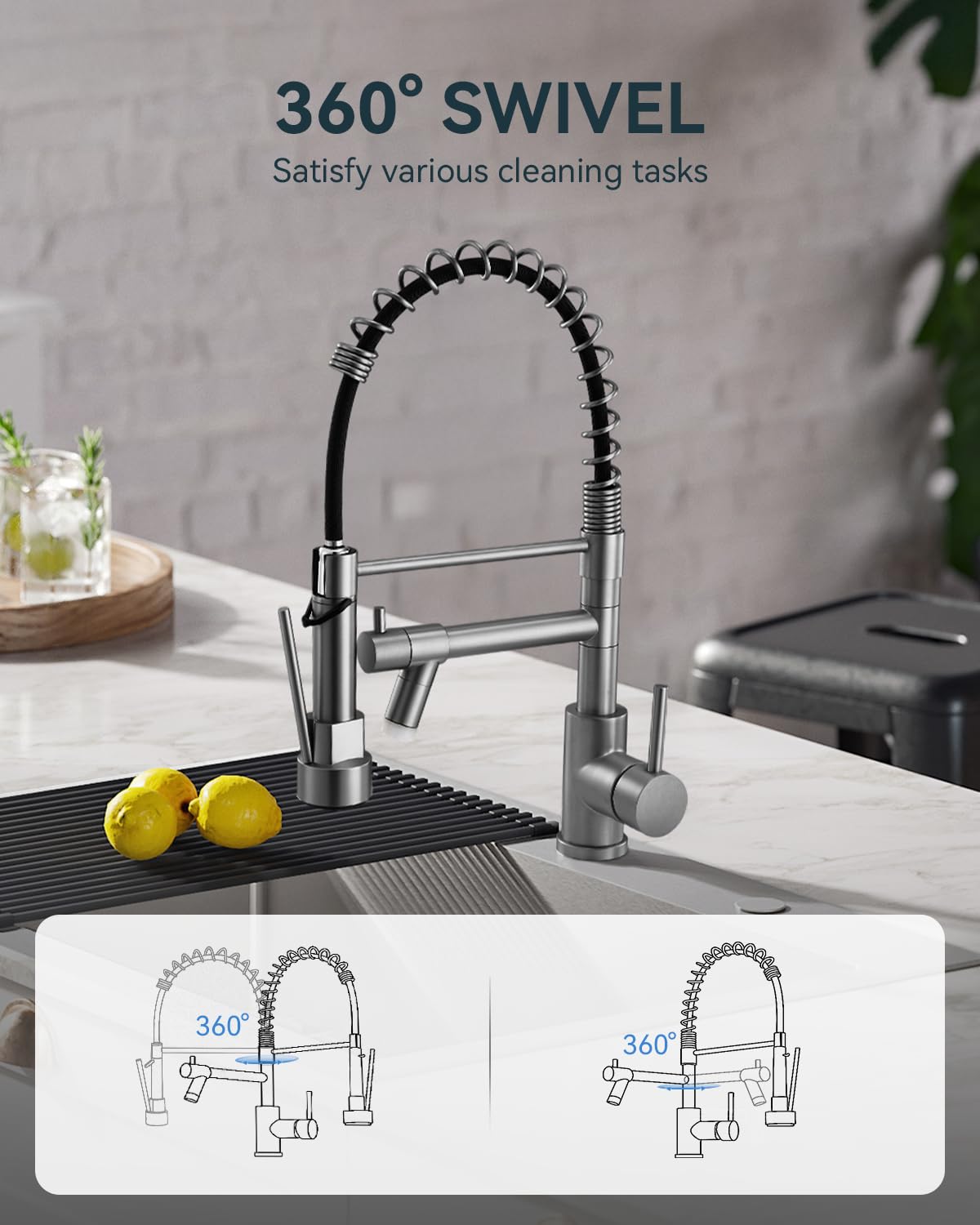 Warmiehomy 5 Modes Kitchen Taps Mixer with Pull Out Spray,High Arc 360° Swivel Dual Spout Pull Down Stainless Steel Kitchen Sink Taps,Brushed Nickel