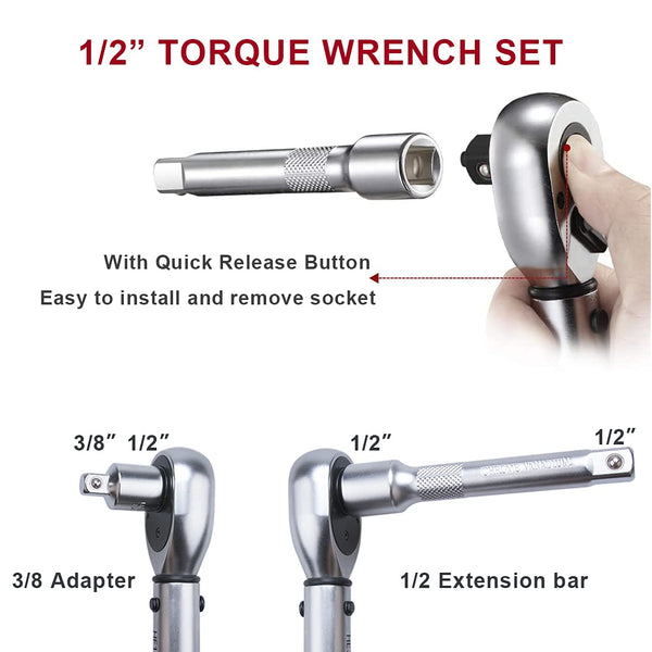 FOURROBBER Torque Wrench Set 1/2-inch Drive Click Bicycle Torque Wrench Dual-Direction Adjustable 90-Tooth Torque Wrench with Buckle 20-220Nm,Accuracy ± 3% Visit The Store