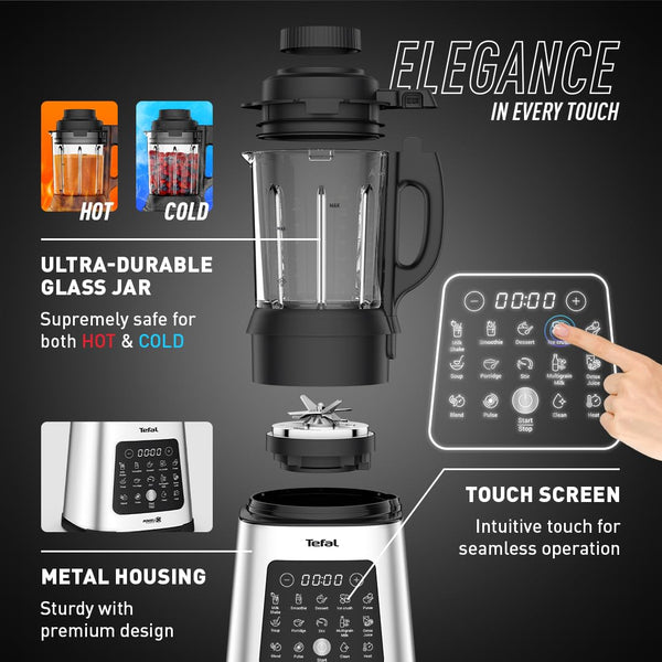 Tefal Blender & Soup Maker Perfectmix Cook, 2L, 10 Auto Programs, Smoothie Maker, Removable Blades, Cleaning Program & Brush, Glass Jug, Tamper, Hot & Cold Kitchen Blender, Cooking, BL83SD65