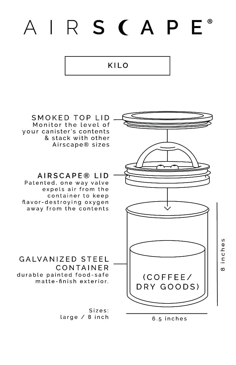 Airscape Coffee Storage Canister (1.1 kg Dry Beans) - Extra Large Kilo Size Food Storage Container, Patented Airtight Two Way Valve Lid Pushes Air Out