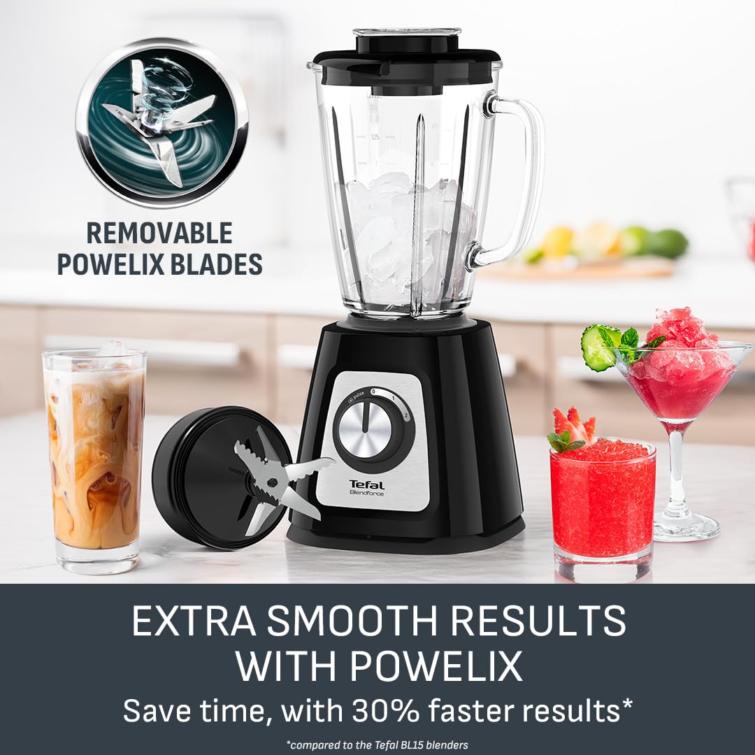 Tefal Blendforce II Blender, 2L Plastic Jug, 1.25L Effective Capacity, 600W, 4 Removable Stainless Steel Blades, Smoothie, Ice Crush, 2 Speeds + Pulse, Kitchen Shakes Maker, Black, BL420840