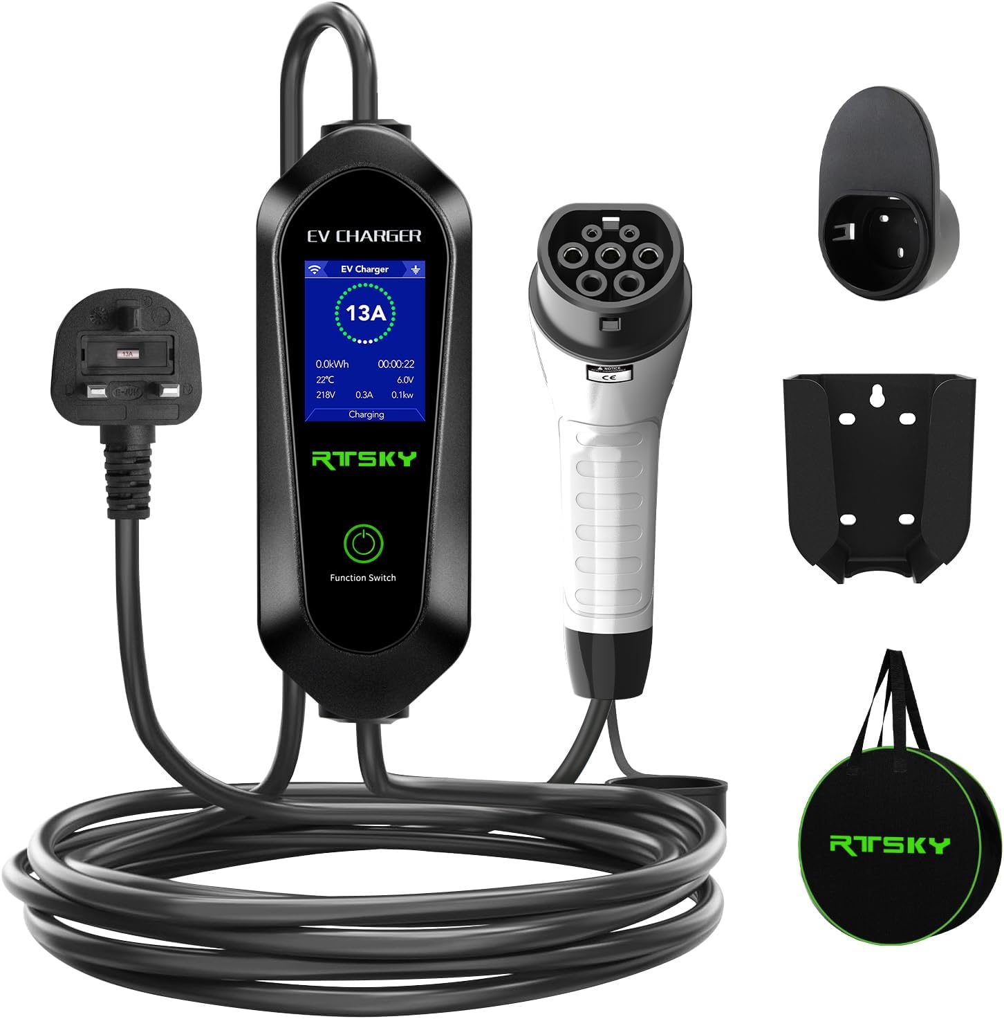 Ev Charger Cable Type 2 to 3 Pin UK Plug 10M/32.8ft, 3KW 13A with Adjustable Current, Includes UI Display Screen, Storage Bag & Wall Mount