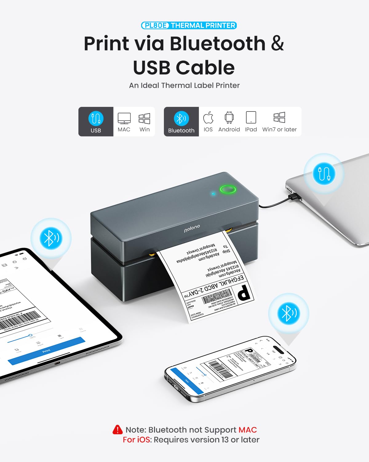 POLONO Bluetooth Thermal Shipping Label Printer, Wireless 4x6 Shipping Label Printer for Small Business, Support iOS, Android, Windows and Mac, Compatible with Amazon, Ebay, Shopify, Etsy, USPS (Grey)